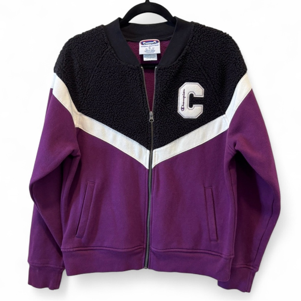 Champion Women’s Black and Purple Varsity Sweatshirt 80s Sportwear 90s Y2K